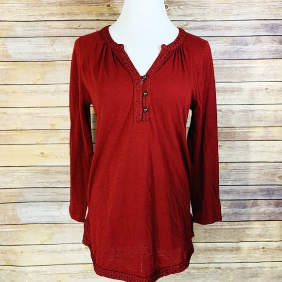 Lucky Brand Tops - Lucky Brand Wine Red Lace Trim 3/4 Sleeve Blouse